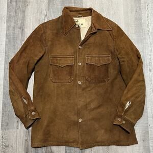 VTG 70s Lakeland Brown Suede Leather Western Hippie Button Shacket Jacket 42L